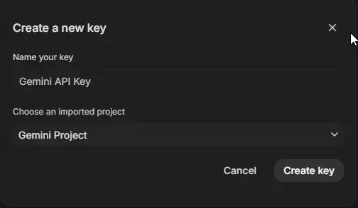 Google AI Studio yeni API anahtarı oluşturma penceresi