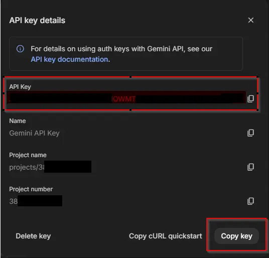 Google AI Studio API anahtarını kopyalama ekranı
