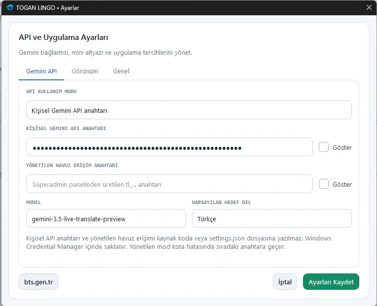 TOGAN LINGO Gemini API ayarları